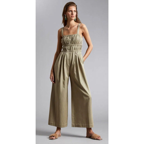 & Other Stories Pants - & OTHER STORIES Women 4US Pleated Detail Jumpsuit Adjustable Ruched Bodice Green
